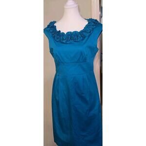 London Times Dress Womens Petite 10P Blue Sleeveless Fit Flare Ruffled Textured